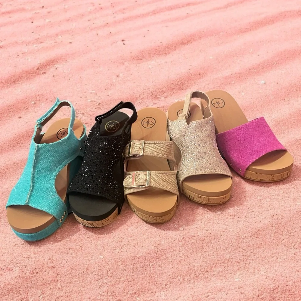 New! Colombia Comfort Raffia Natural Woven Buckle Cork Platform Sandal 3” Wedge
